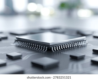 A detailed macro shot of a central processing unit (CPU) with its pins visible, surrounded by other electronic components.