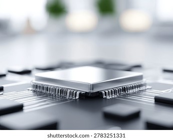 Detailed macro shot of a central processing unit (CPU) on a motherboard, highlighting its intricate circuitry and pins.