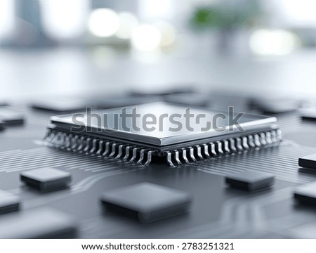 A detailed macro shot of a central processing unit (CPU) with its pins visible, surrounded by other electronic components.