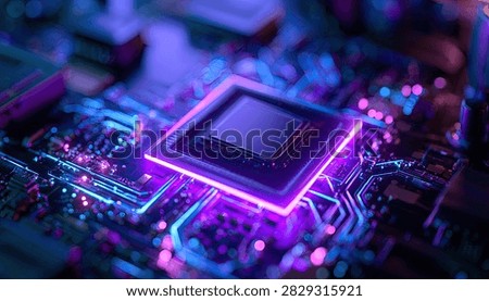 A detailed macro shot of a central processing unit (CPU) on a motherboard, illuminated by vibrant purple and blue neon lights, symbolizing advanced technology and innovation.