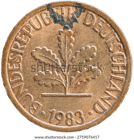 Detailed macro shot of the reverse side of a German 1 Pfennig coin from 1983 featuring the oak leaf branch and “Bundesrepublik Deutschland” inscription. Isolated on white background.