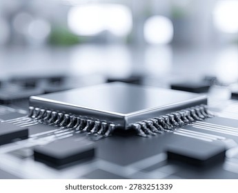 Detailed macro view of a central processing unit (CPU) chip with its pins connected to a motherboard, highlighting advanced technology.