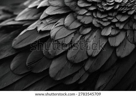 Detailed macro view of overlapping black raven feathers, showcasing intricate patterns and textures.