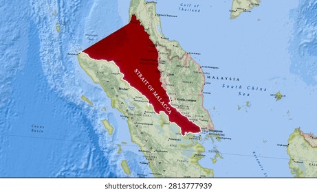 Detailed Map of the Strait of Malacca Between Sumatra and Malay Peninsula