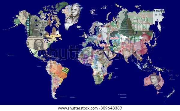 Detailed\
map of the world in all the world\'s currencies.\
\
Each country is\
represented with one of its most recently issued banknotes\
\
Full\
resolution file is about 30 megapixels in\
size.