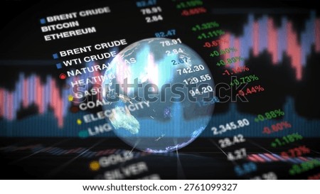 Detailed market interface featuring commodities like gas, coal, gold, and energy prices with charts and indicators, highlighting global trading activity and economic performance insights.