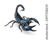 A detailed and menacing black scorpion with prominent claws and a segmented tail, isolated on a pure white background