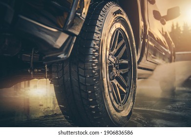 Detailed Pressure Washing Commercial Pickup Truck In A Car Wash Using Manual Washer. Business Vehicle Maintenance. Transportation Theme.