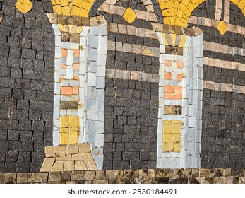 Detailed Roman mosaic displaying intricate architectural designs with arches. This historical artwork captures the elegance and craftsmanship of ancient Roman civilization, emphasizing geometry - Powered by Shutterstock