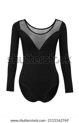 Detailed shot of a black athletic bodysuit with long sleeves and V-shaped mesh insert. The elegant leotard is isolated on the white background.  