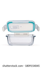 Detailed Shot Of Glass Container For Food With Plastic Hermetic Lid. The Rectangular Clear Storage Box Is Isolated On The White Background. 