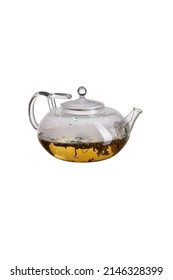 Detailed shot of a transparent teapot with an original handle. The teapot is filled with tea. The designer kettle is isolated on the white background. - Shutterstock ID 2146328399