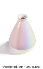 Detailed Shot Of A Vase For Flowers. The Vase Has A Pearlescent Coating, A Narrowed Neck And A Curved Top. The Vase Is Isolated On The White Background.