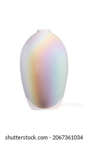 Detailed Shot Of A Vase For Flowers. The Vase Has A Pearlescent Coating, A Narrowed Neck And A Rounded Top. The Vase Is Isolated On The White Background.