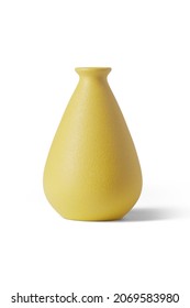 Detailed shot of a yellow vase. The vase has a shape of a drop. The surface of the vase is textured. The yellow decor item is isolated on the white background.