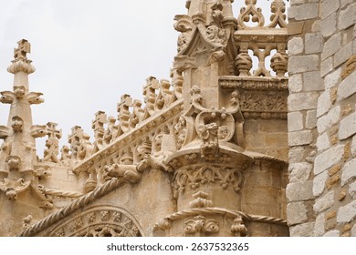 Detailed stone carvings adorn a building's facade. Gothic architecture features intricate sculptures, ornate details, and a weathered stone texture against a cloudy sky. - Powered by Shutterstock - Get 15% off with code: PIKWIZARD15
