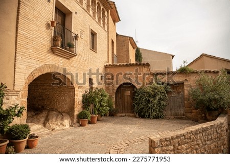 Detailed street plan of the medieval village of Alquezar with stone streets and brick houses located on a hill in Huesca, Aragon.