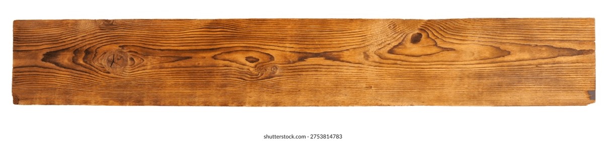 A detailed top-down view of a single rustic wooden board isolated on a clean white background. The warm brown surface shows a beautiful natural grain, knots, and texture. Perfect for backgrounds.