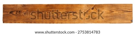 A detailed top-down view of a single rustic wooden board isolated on a clean white background. The warm brown surface shows a beautiful natural grain, knots, and texture. Perfect for backgrounds.