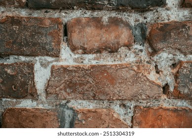 A detailed view of an aged brick wall with diverse textures and colors. - Powered by Shutterstock