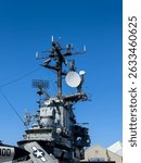 Detailed view of the antenna fixtures atop the USS Intrepid CV-11 aircraft carrier island, Intrepid Museum (originally the Intrepid Sea, Air and Space Museum) in New York City, USA.