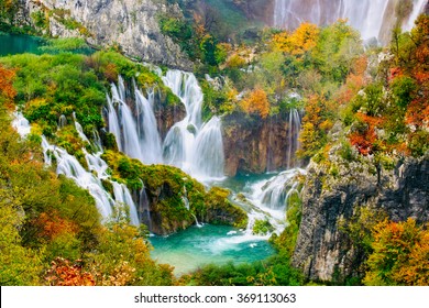 Detailed view of the beautiful waterfalls in the sunshine in Plitvice National Park, Croatia  