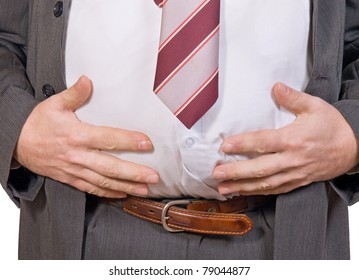 Detailed View Of Belly Fat Man In A Suit. Thick Businessman Showing Abdomen. Obese Person Holds His Fat Belly.