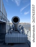 Detailed view of the cannon from the USS Intrepid CV-11 aircraft carrier island, Intrepid Museum (originally the Intrepid Sea, Air and Space Museum), New York City, USA.