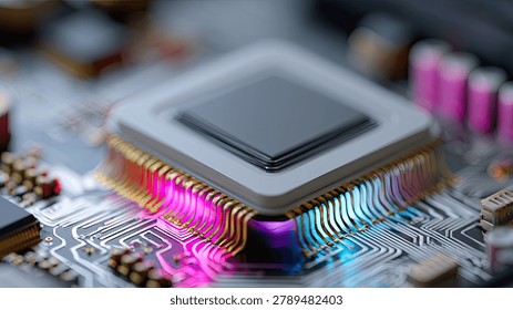 Detailed view of a central processing unit on a motherboard, highlighting intricate pathways and vibrant LED illumination.