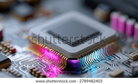 Detailed view of a central processing unit on a motherboard, highlighting intricate pathways and vibrant LED illumination.