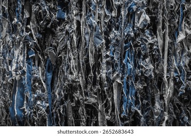 Detailed view highlighting the complex texture of torn denim repurposed as recycled jeans, showcasing eco-friendly fashion and sustainable textile methods for brands advocating for green practices.