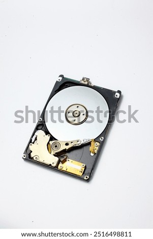 Detailed view of the inside of a hard disk drive. Front view of HDD. Storage Concept