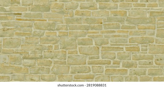 A detailed view of a light beige limestone wall with horizontal block pattern and light mortar.