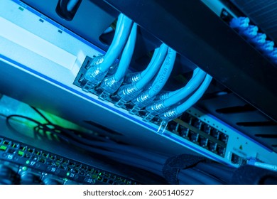A detailed view of network cables connected to a server rack. The image captures the vibrant blue lighting in a modern data center, showcasing the technology used for efficient communication.