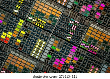 Detailed view of patterned silicon semiconductor wafer showing many integrated circuit dies in a geometric grid, colorful electronic texture for chip manufacturing and technology themes.
