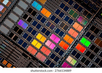 Detailed view of patterned silicon semiconductor wafer showing many integrated circuit dies in a geometric grid, colorful electronic texture for chip manufacturing and technology themes.