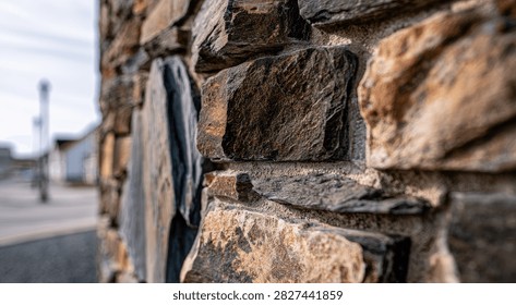 Detailed view of a rustic stone wall, showcasing varied textures and colors of natural rock. The background is softly blurred, creating a shallow depth of field.