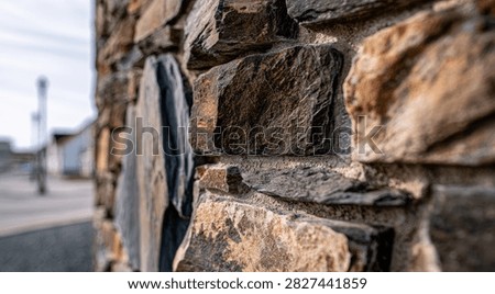 Detailed view of a rustic stone wall, showcasing varied textures and colors of natural rock. The background is softly blurred, creating a shallow depth of field.