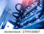 A detailed view of a server rack showcasing cables and connectivity elements in a modern data center, illustrating technology, infrastructure, and management.