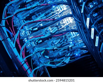 A detailed view of a server rack showcasing intricate cables and connections in blue light. This image captures the heart of modern data processing technology in an elegant manner.