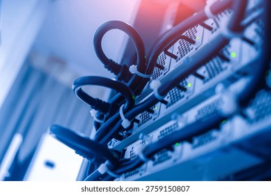 A detailed view of a server rack showcasing cables and connectivity elements in a modern data center, illustrating technology, infrastructure, and management.