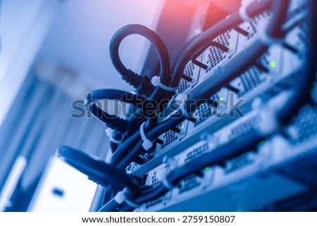 A detailed view of a server rack showcasing cables and connectivity elements in a modern data center, illustrating technology, infrastructure, and management.
