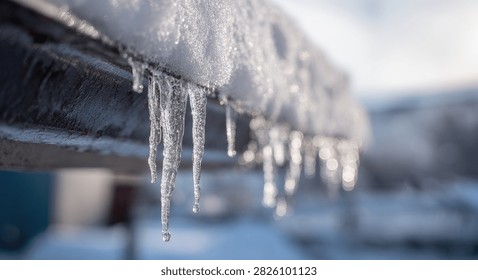Detailed view of sharp icicles formed on a metal pipe, indicating freezing temperatures and winter weather.