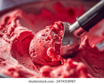 A detailed view showcasing a scoop of red strawberry ice cream - Powered by Shutterstock