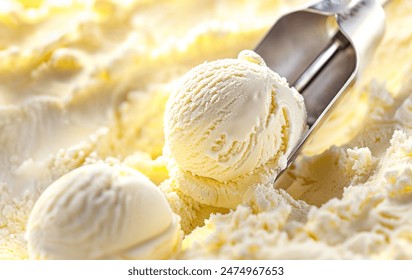 A detailed view showcasing a scoop of white vanilla or lemon ice cream