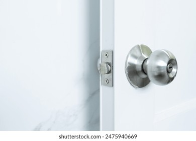 Detailed view of a stainless steel door knob on a white door showcasing modern and minimalist design