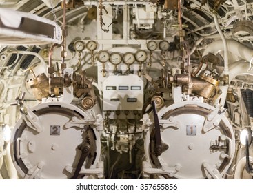 Detailed View Of Torpedo Room In Submarine.