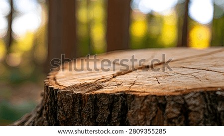 A detailed view of a tree stump, showcasing the wood grain and bark texture, with a blurred forest background.