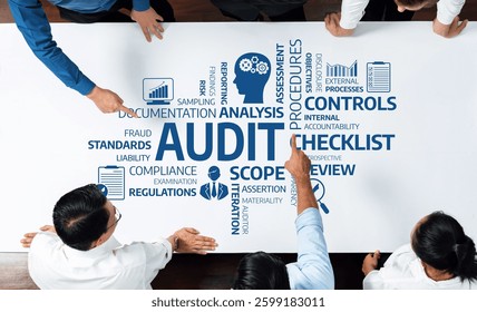 A detailed visual representation of an audit process, featuring key components like analysis, controls, and compliance for effective business management and accountability. Amity