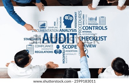 A detailed visual representation of an audit process, featuring key components like analysis, controls, and compliance for effective business management and accountability. Amity